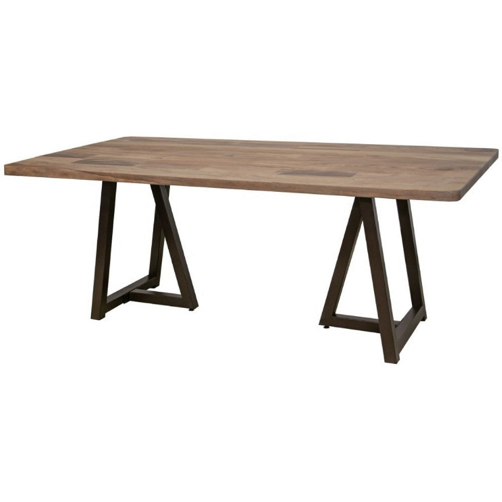 Umey Dining Table 79 Inch Brown Parota Wood Top Black Iron Base BM332115