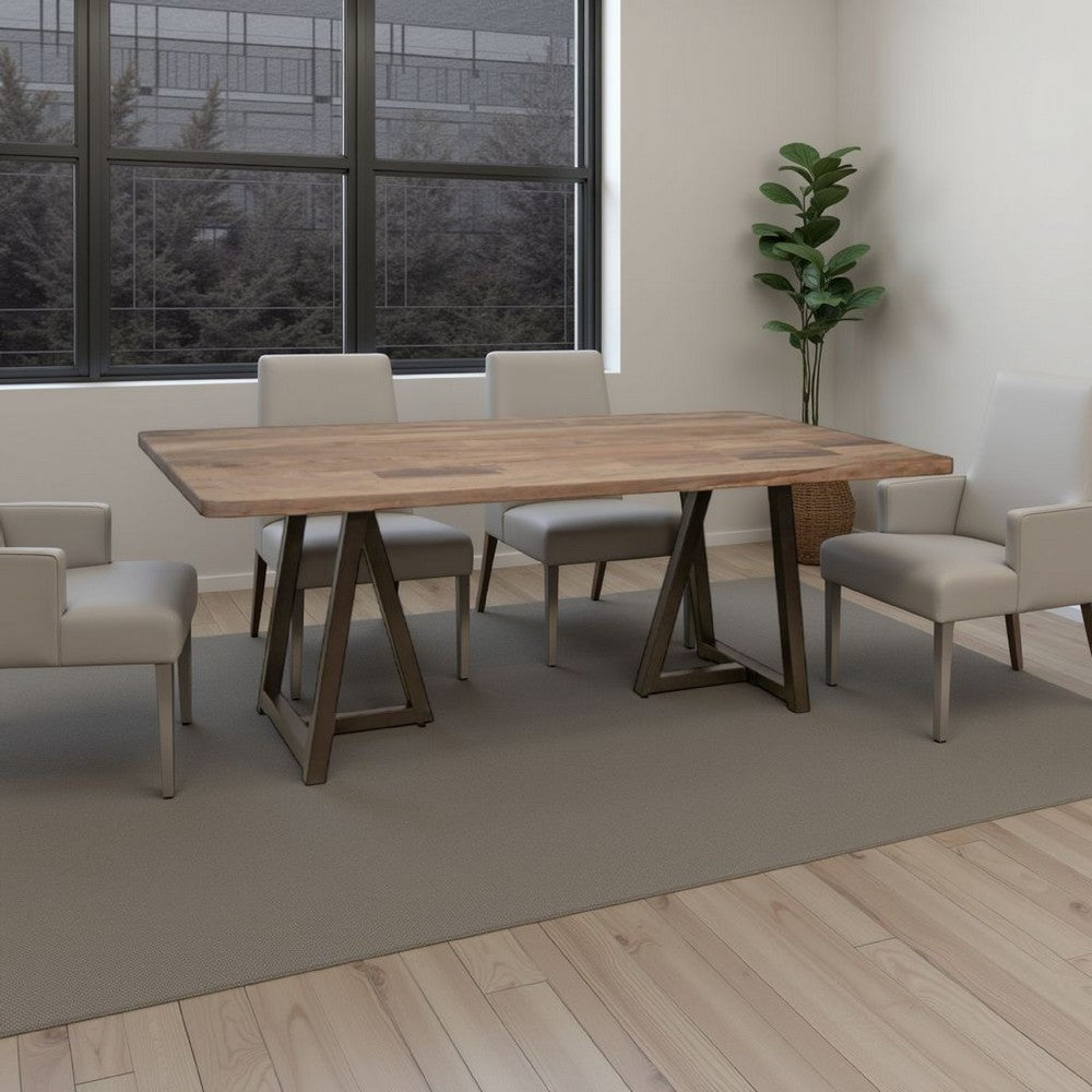 Umey Dining Table, 79 Inch Brown Parota Wood Top, Black Iron Base