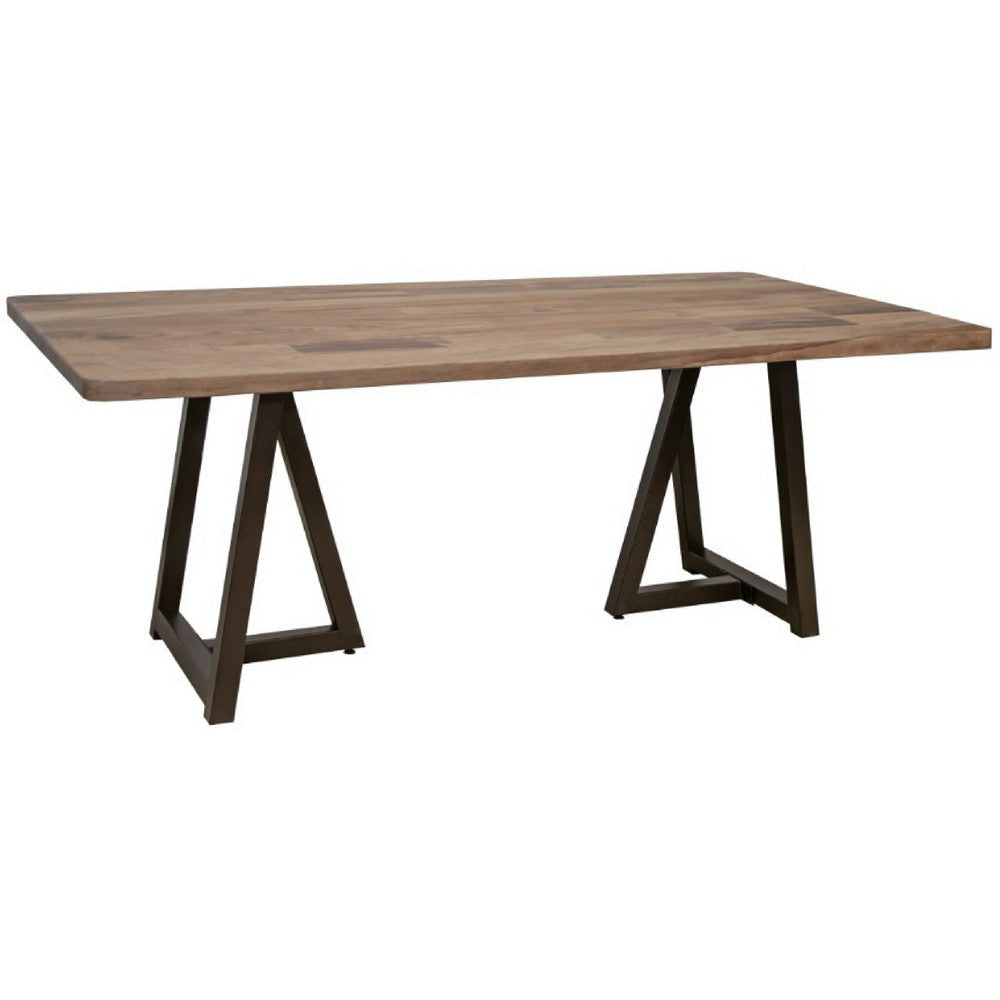 Umey Dining Table, 79 Inch Brown Parota Wood Top, Black Iron Base