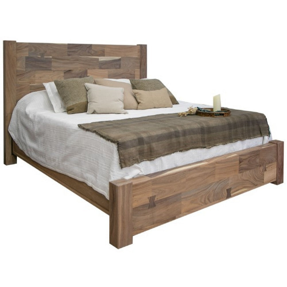 Umey Queen Size Bed, Panel Headboard, Cappuccino Brown Mango Wood
