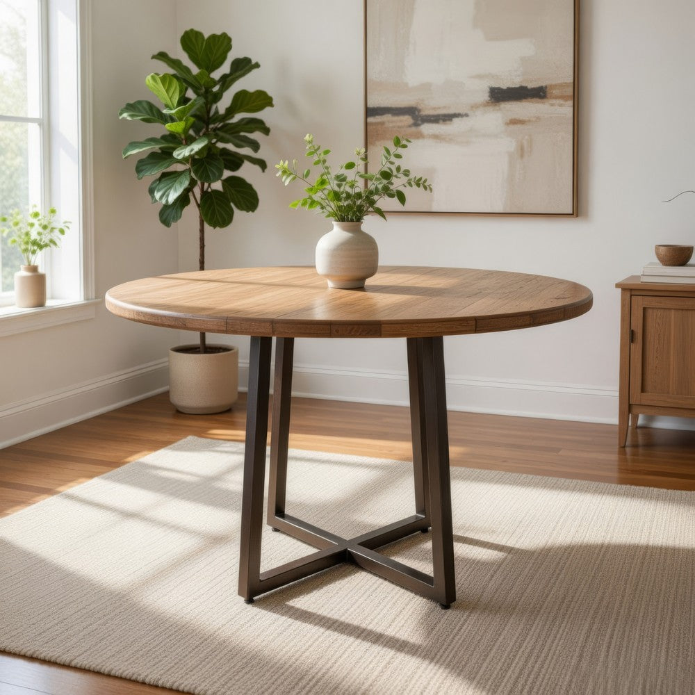 Asic Dining Table, Industrial Light Brown Mango Wood, 47 Inch Round