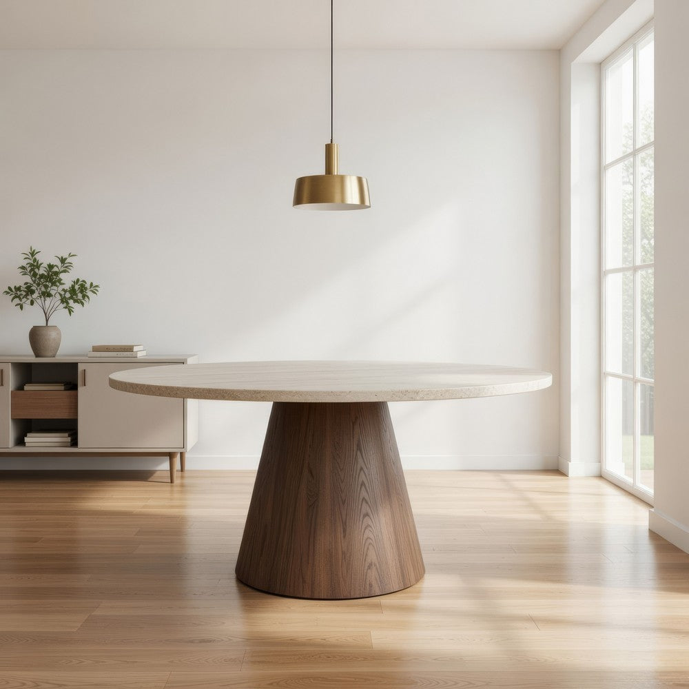 Kohl Dining Table, Ivory, Brown Caramel Mango Wood, Round 59 Inch