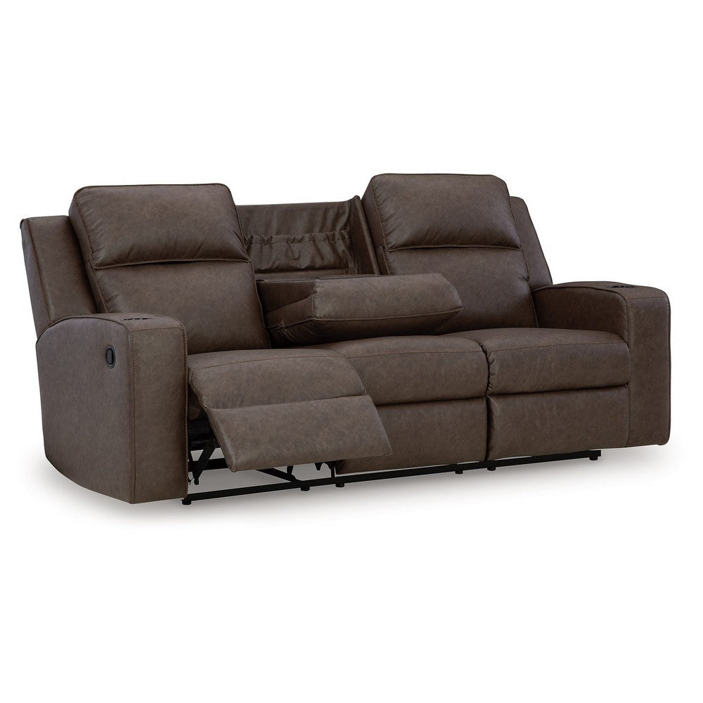 Ashley Livie Manual Recliner Sofa, USB, Table 87in Brown Gray Faux Leather
