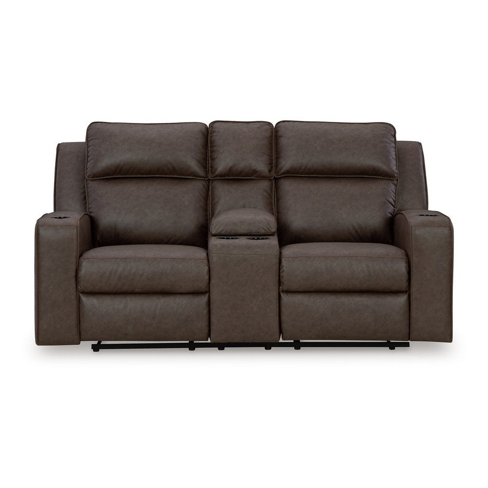 Ashley Livie Manual Recliner Loveseat Console Brown Gray Faux Leather 77in BM332164