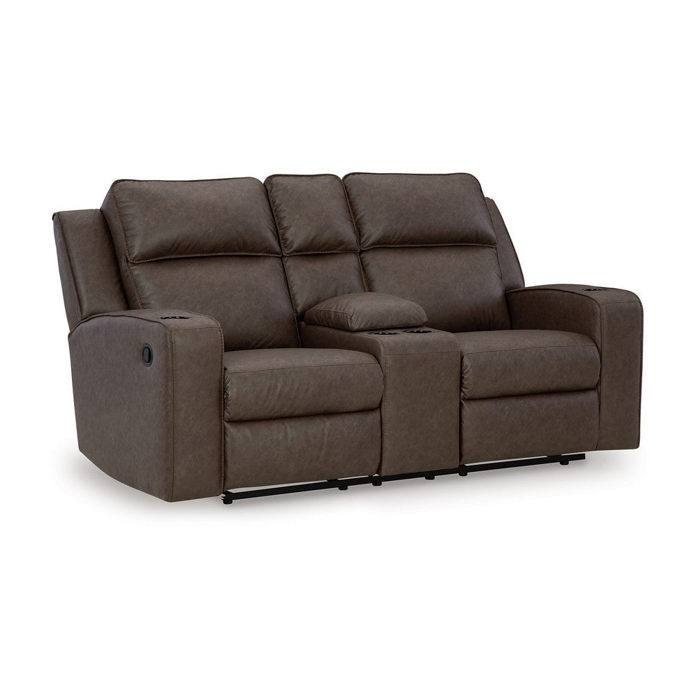 Ashley Livie Manual Recliner Loveseat Console Brown Gray Faux Leather 77in BM332164