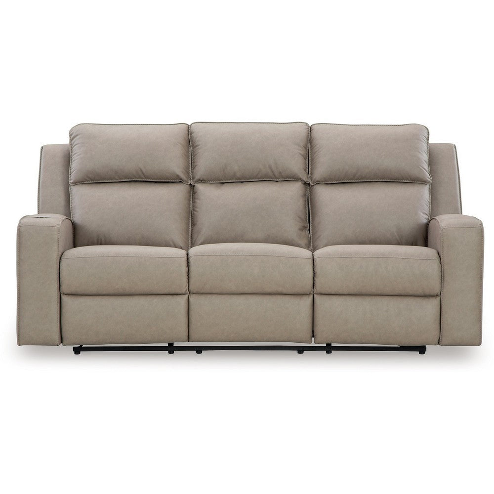 Ashley Livie Manual Recliner Sofa USB Table 87in Beige Gray Faux Leather