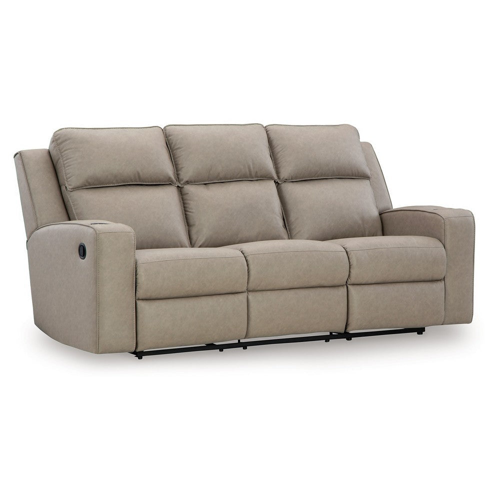 Ashley Livie Manual Recliner Sofa USB Table 87in Beige Gray Faux Leather