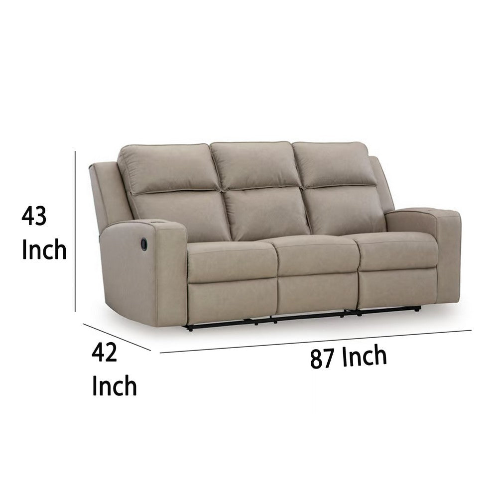 Ashley Livie Manual Recliner Sofa USB Table 87in Beige Gray Faux Leather