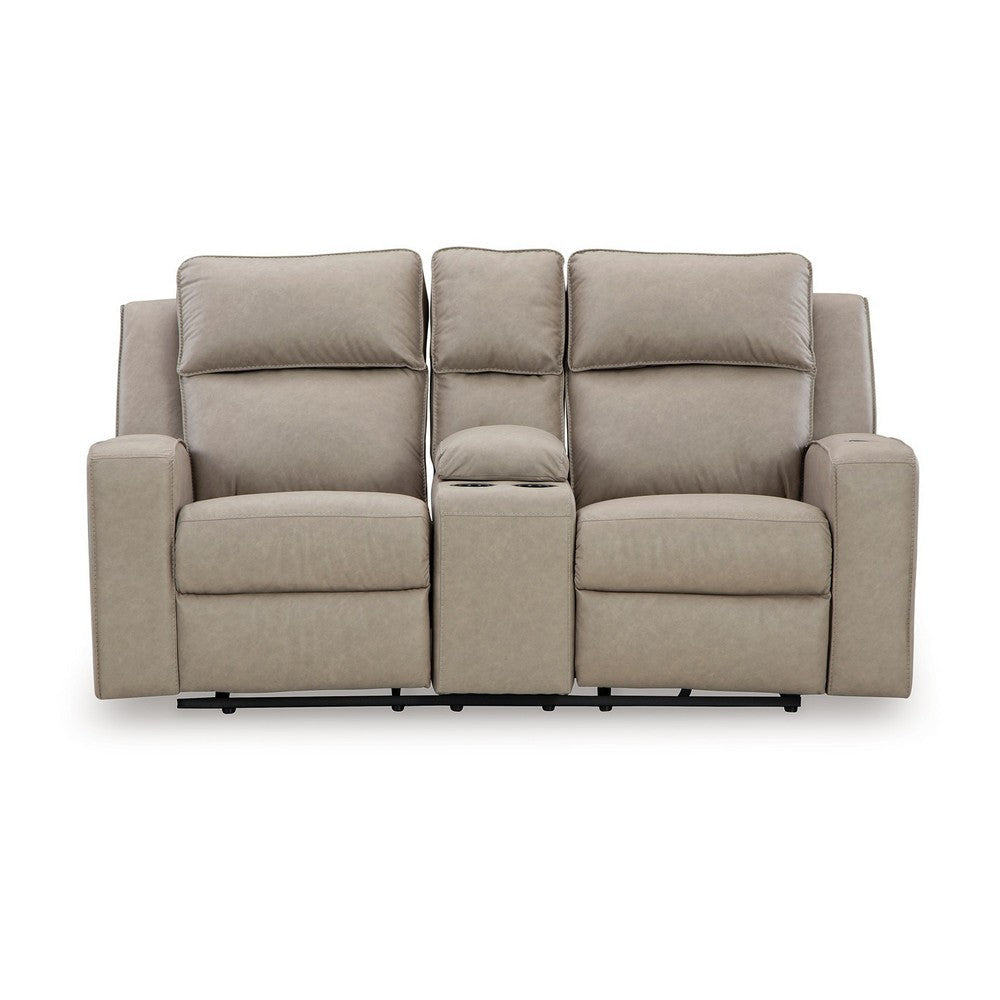 Ashley Livie Manual Recliner Loveseat Console Beige Gray Faux Leather 77in BM332167