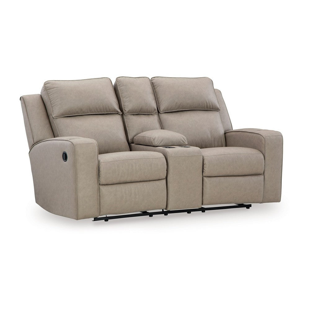 Ashley Livie Manual Recliner Loveseat Console Beige Gray Faux Leather 77in BM332167