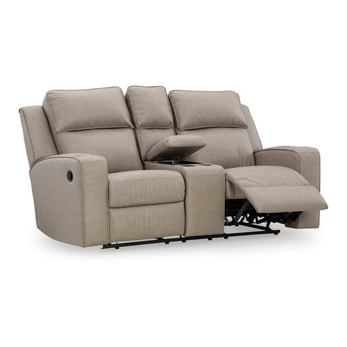 Ashley Livie Manual Recliner Loveseat, Console, Beige Gray Faux Leather 77in