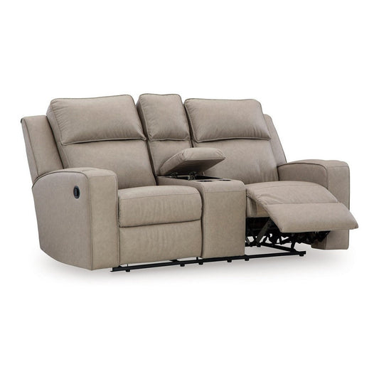 Ashley Livie Manual Recliner Loveseat, Console, Beige Gray Faux Leather 77in