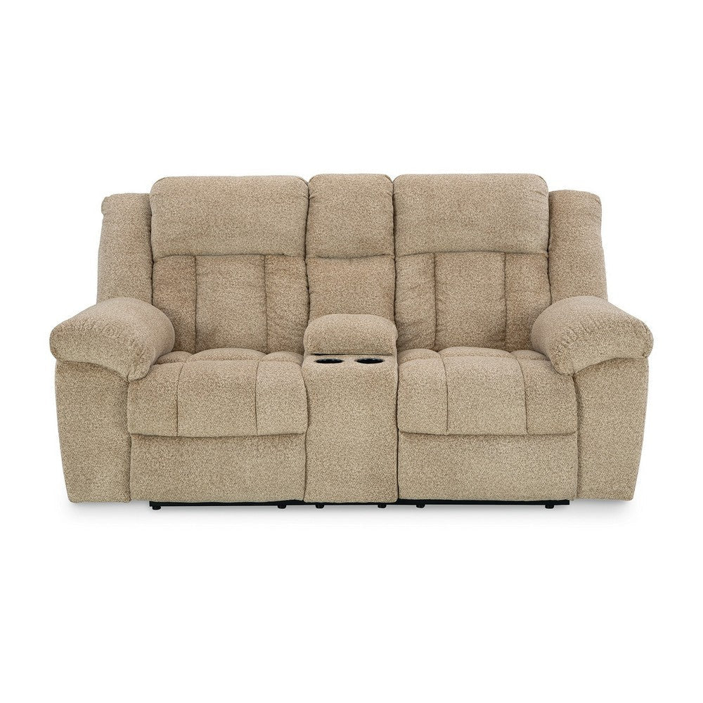 Ashley Kendy Power Reclining Loveseat Console Beige Brown Polyester 80 Inch BM332187