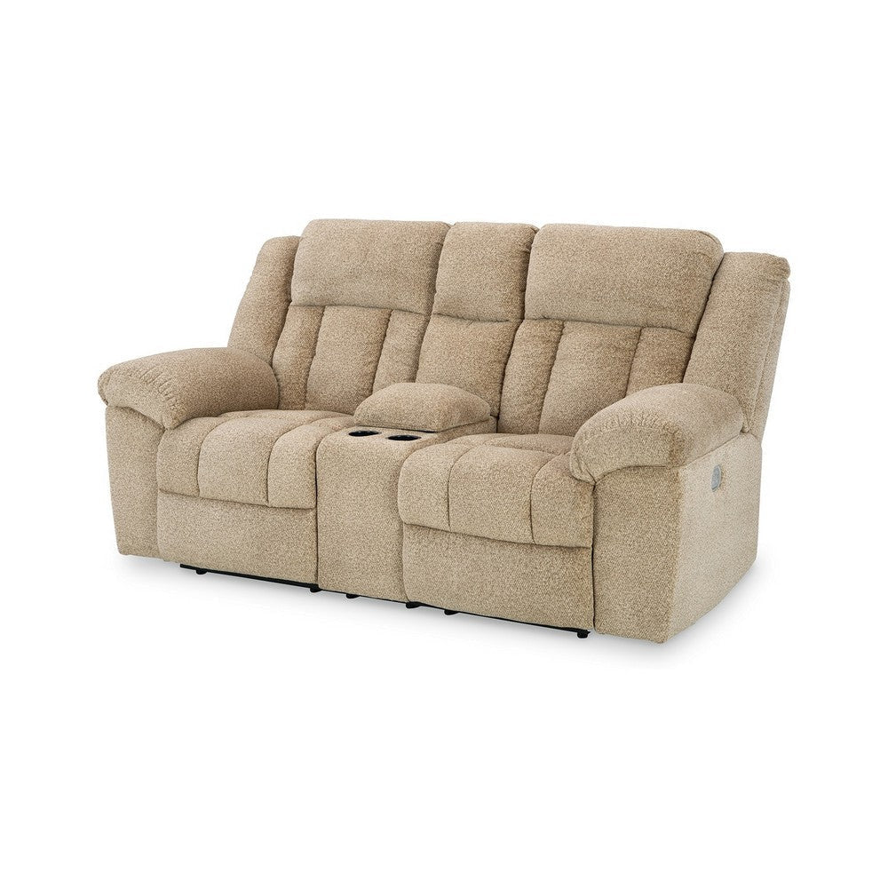 Ashley Kendy Power Reclining Loveseat Console Beige Brown Polyester 80 Inch BM332187