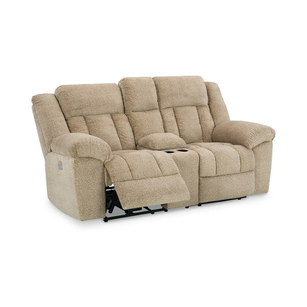 Ashley Kendy Power Reclining Loveseat, Console, Beige Brown Polyester 80 Inch