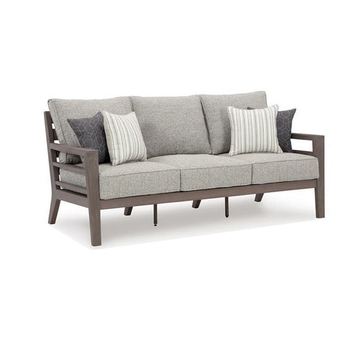 Ashley Karo Outdoor Sofa, 4 Accent Pillows, 79 Inch Brown Frame, Gray Nuvella