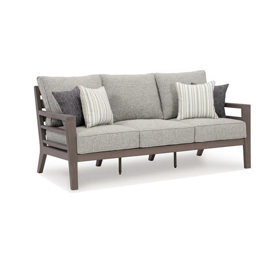 Ashley Karo Outdoor Sofa, 4 Accent Pillows, 79 Inch Brown Frame, Gray Nuvella