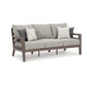 Ashley Karo Outdoor Sofa, 4 Accent Pillows, 79 Inch Brown Frame, Gray Nuvella