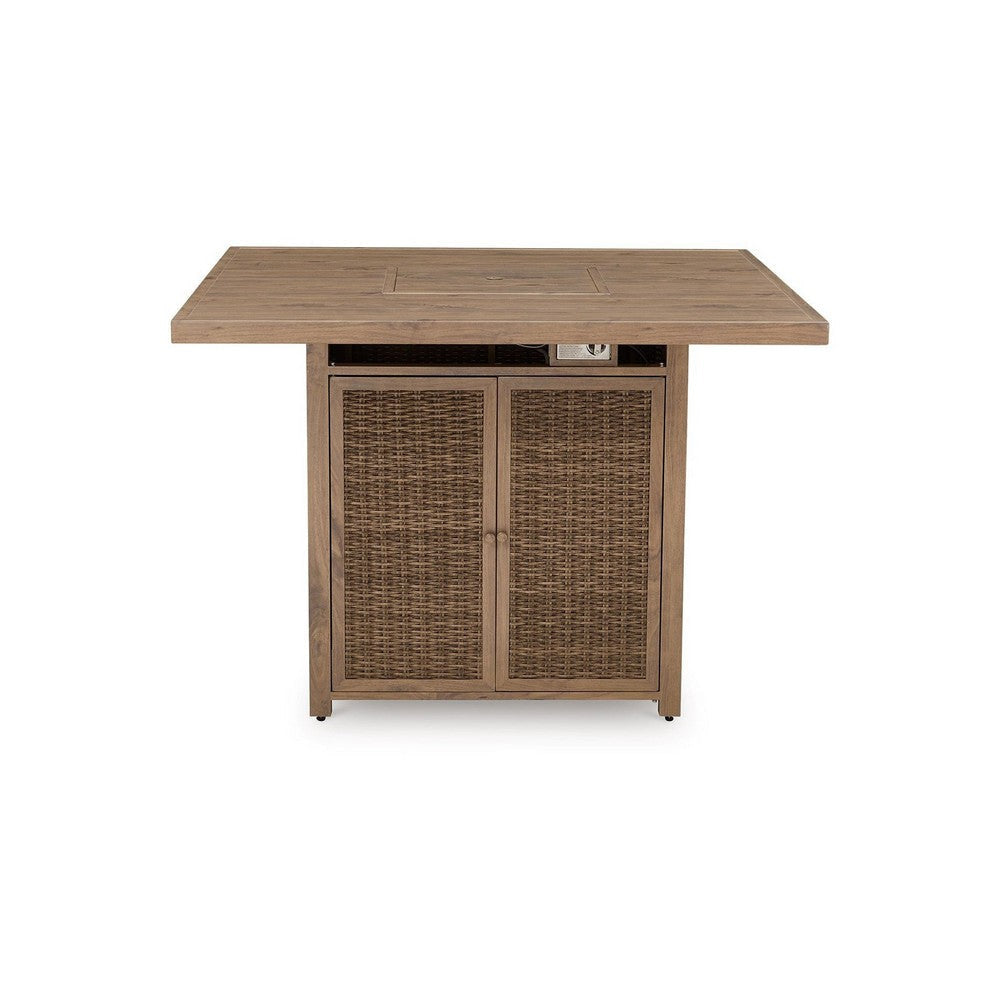 Ashley Walo Outdoor Fire Pit Bar Table 56 Inch Square Brown Rattan Wicker BM332199