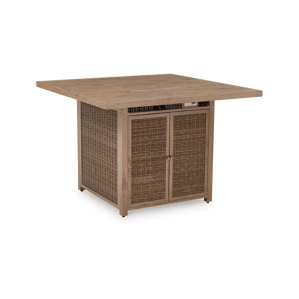 Ashley Walo Outdoor Fire Pit Bar Table, 56 Inch Square, Brown Rattan Wicker