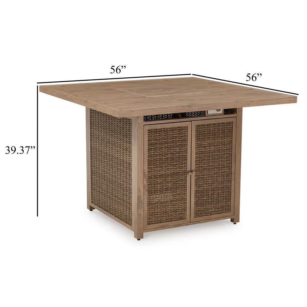 Ashley Walo Outdoor Fire Pit Bar Table 56 Inch Square Brown Rattan Wicker BM332199