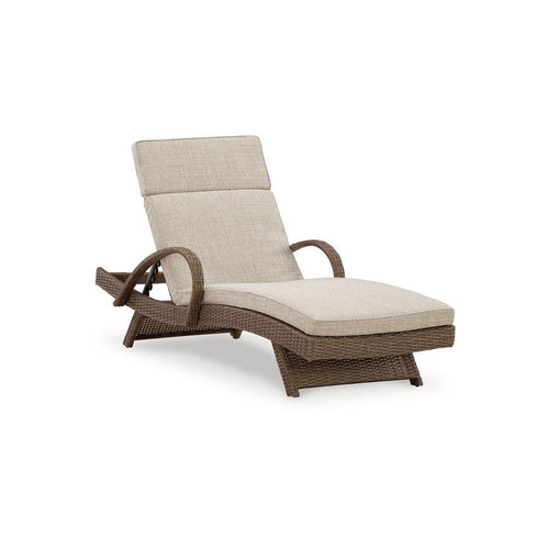 Ashley Tira Outdoor Chaise Lounge, Adjustable 78 Inch Brown Wicker, Beige
