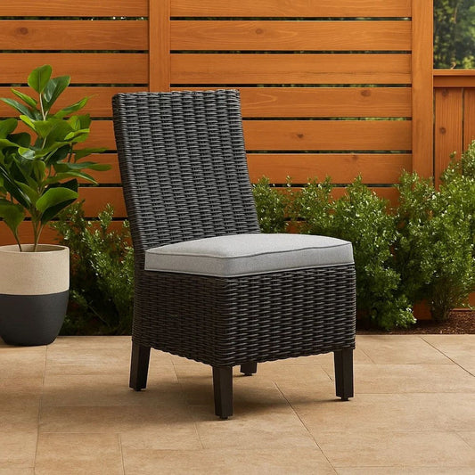 Ashley Tira Indoor Outdoor Side Chair Set of 2, Black Wicker, Gray Nuvella