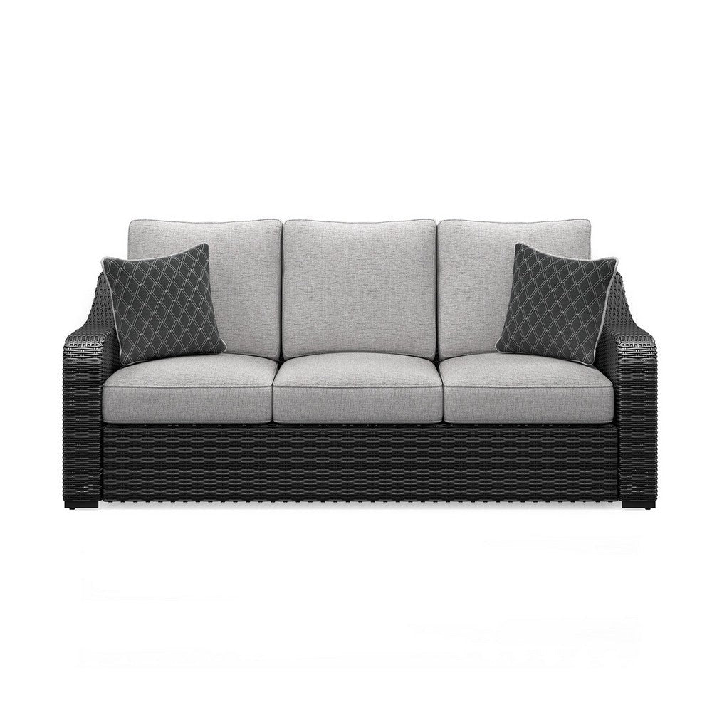 Ashley Tira Outdoor Sofa 83 Inch 2 Accent Pillows Gray Black Woven Wicker BM332206