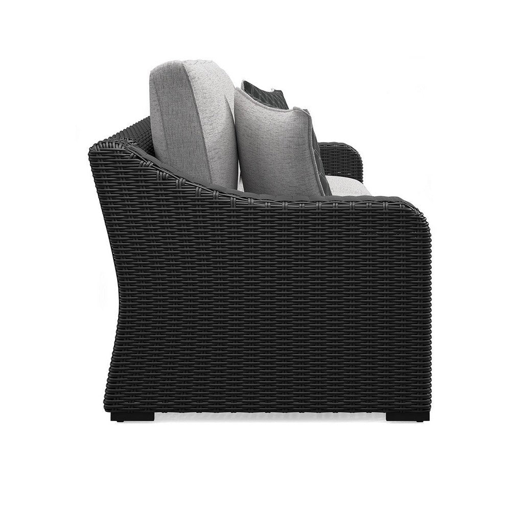 Ashley Tira Outdoor Sofa 83 Inch 2 Accent Pillows Gray Black Woven Wicker BM332206