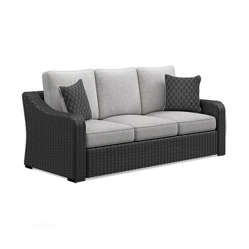 Ashley Tira Outdoor Sofa, 83 Inch, 2 Accent Pillows, Gray, Black Woven Wicker