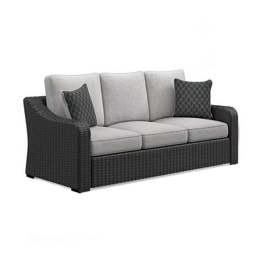 Ashley Tira Outdoor Sofa, 83 Inch, 2 Accent Pillows, Gray, Black Woven Wicker