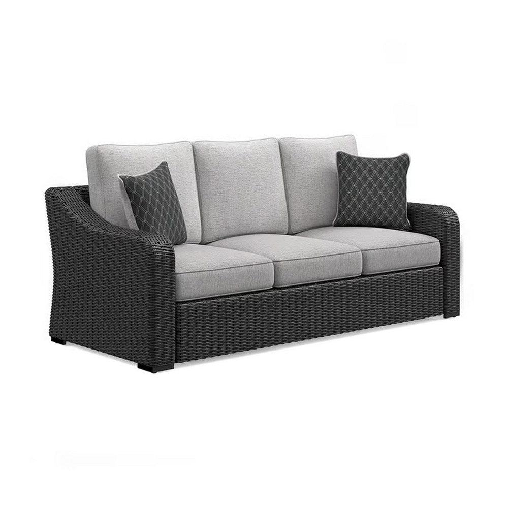 Ashley Tira Outdoor Sofa, 83 Inch, 2 Accent Pillows, Gray, Black Woven Wicker