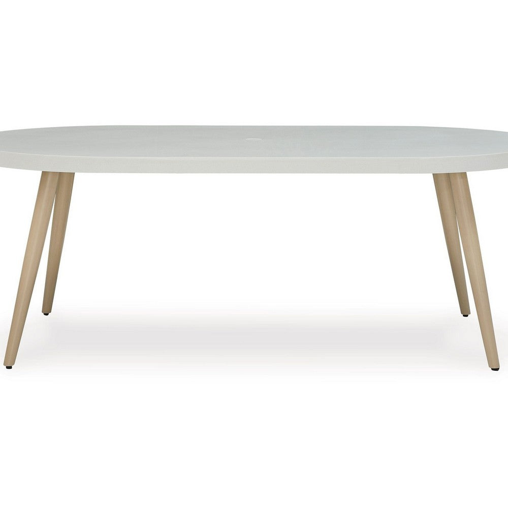 Ashley Yami Outdoor Dining Table, 80 Inch Oval Faux White Stone Top, Brown
