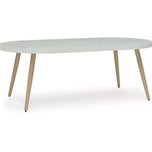 Ashley Yami Outdoor Dining Table, 80 Inch Oval Faux White Stone Top, Brown