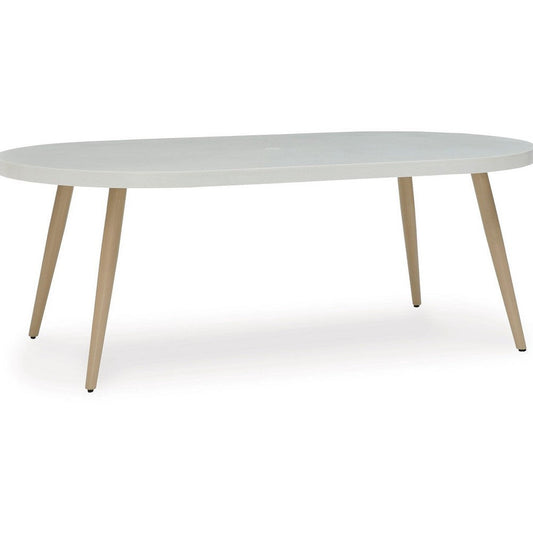 Ashley Yami Outdoor Dining Table, 80 Inch Oval Faux White Stone Top, Brown