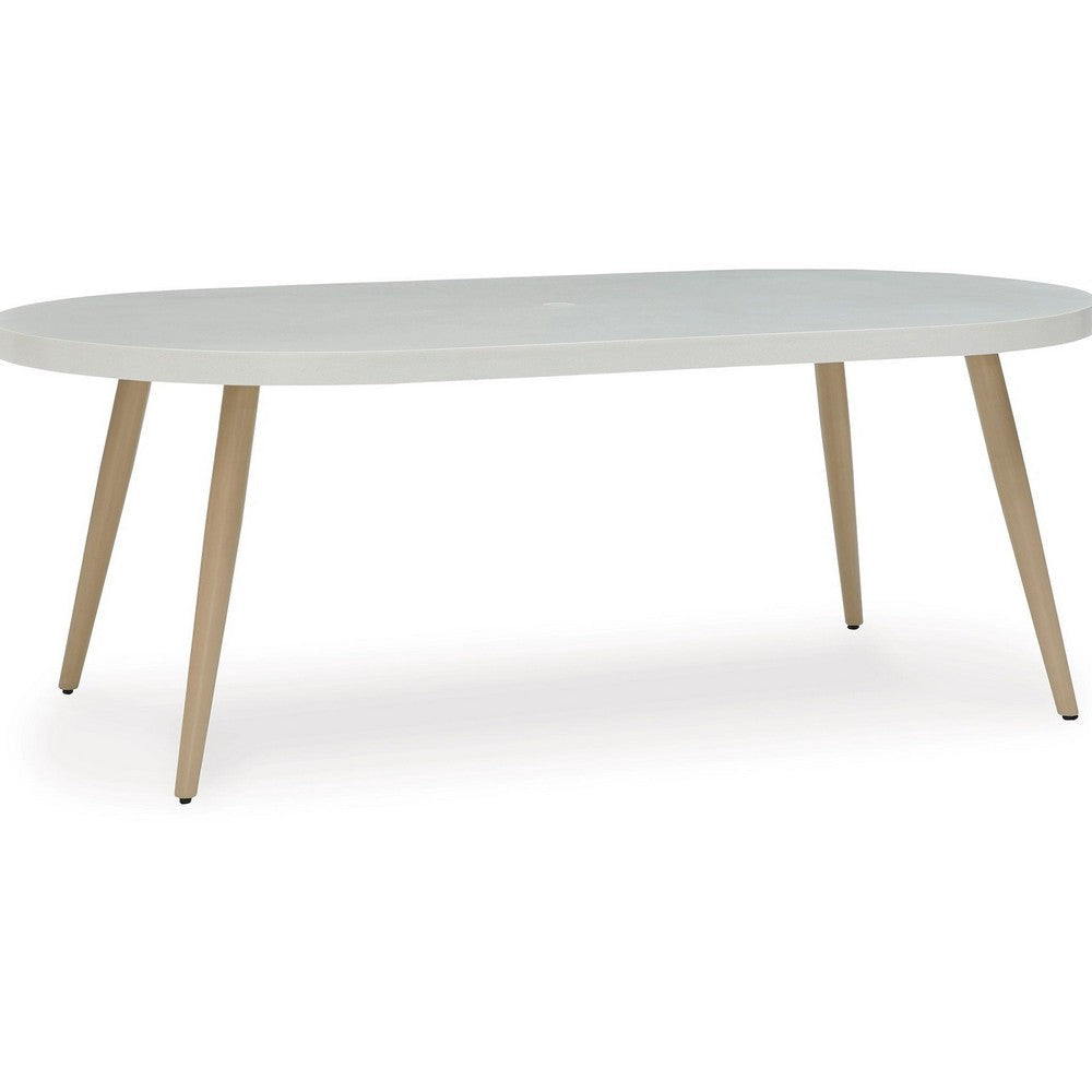 Ashley Yami Outdoor Dining Table, 80 Inch Oval Faux White Stone Top, Brown