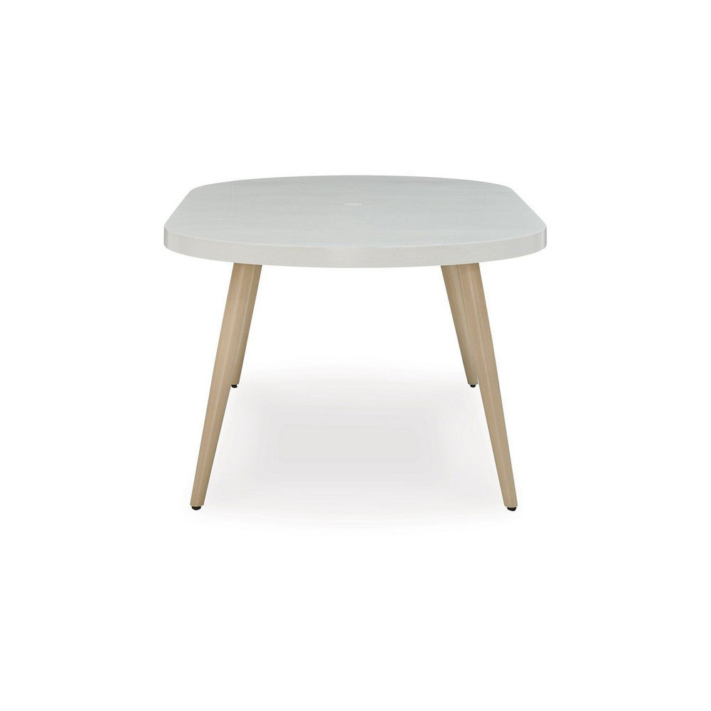 Ashley Yami Outdoor Dining Table, 80 Inch Oval Faux White Stone Top, Brown