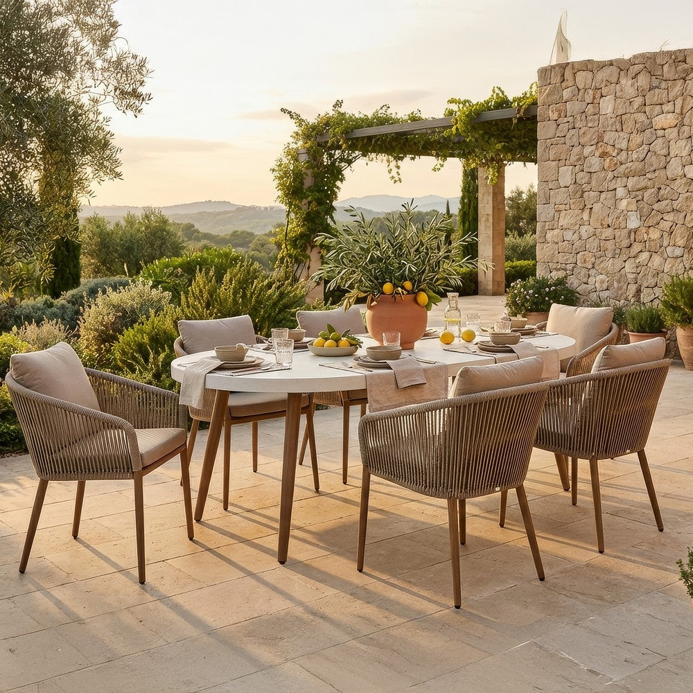 Ashley Yami Outdoor Dining Table, 80 Inch Oval Faux White Stone Top, Brown