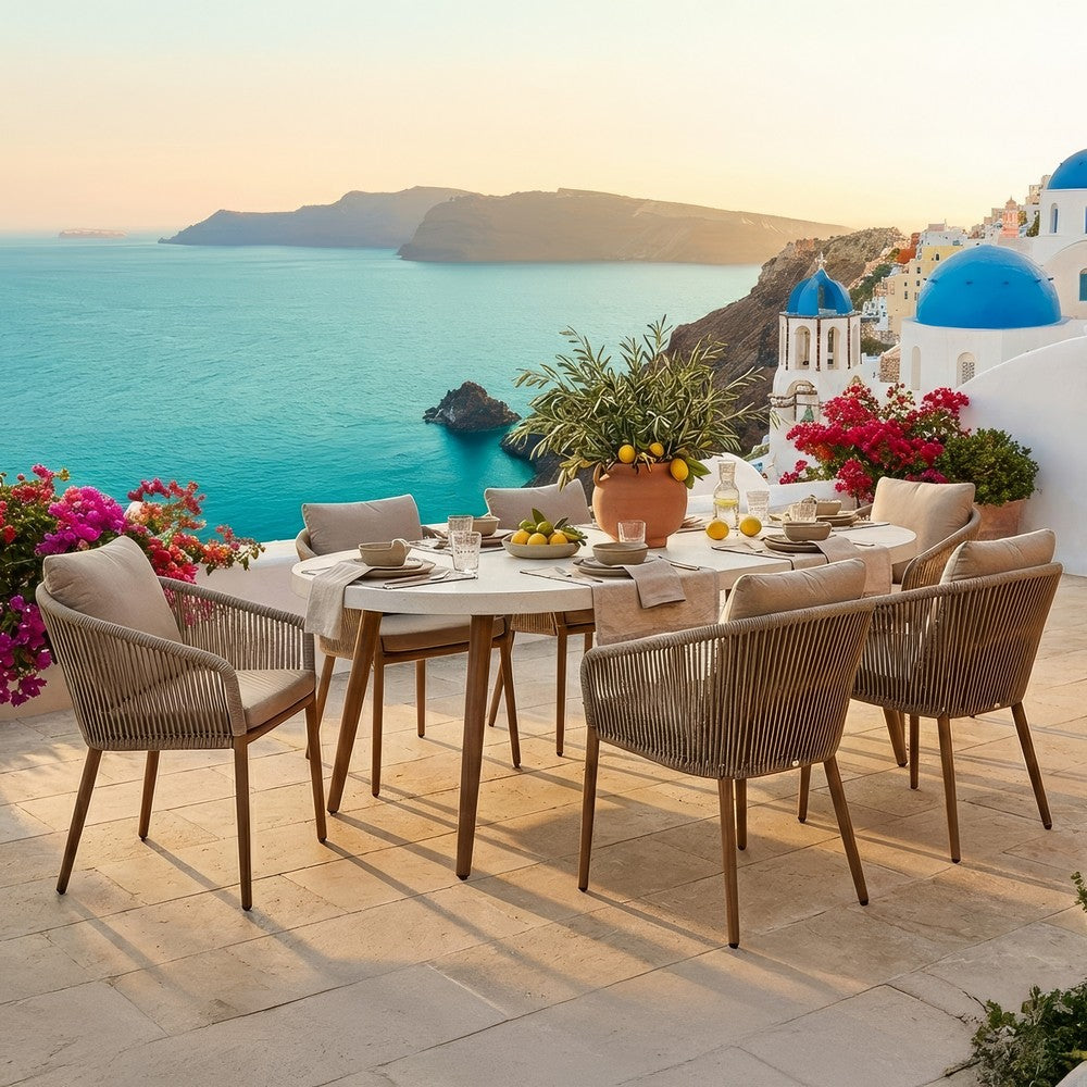 Ashley Yami Outdoor Dining Table, 80 Inch Oval Faux White Stone Top, Brown