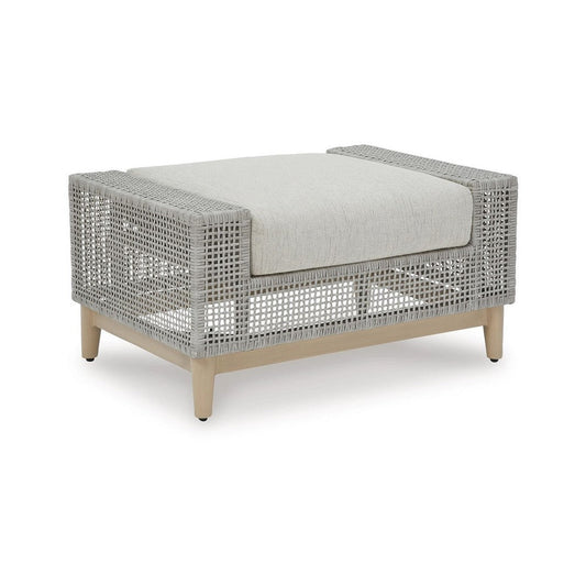 Ashley Yami Outdoor Ottoman, 35 Inch, Gray Woven Resin Wicker, Cushioned Seat