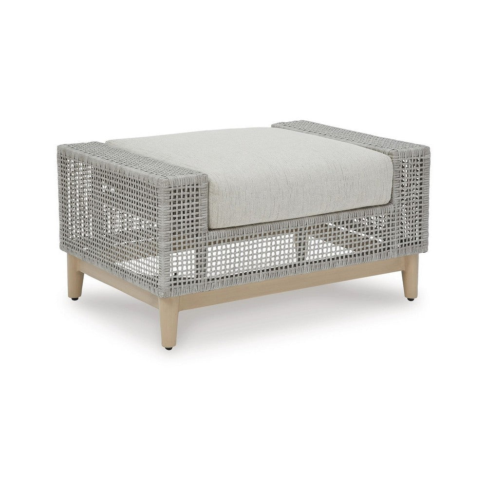 Ashley Yami Outdoor Ottoman, 35 Inch, Gray Woven Resin Wicker, Cushioned Seat