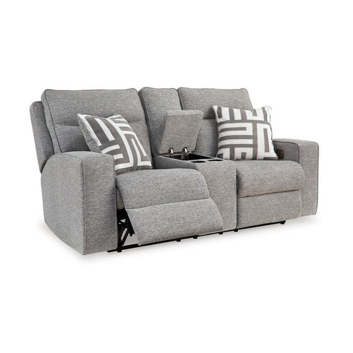 Ashley Cloe Power Reclining Loveseat, Gray Performance Nuvella, 2 Pillows