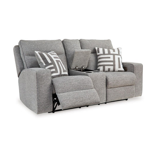 Ashley Cloe Power Reclining Loveseat, Gray Performance Nuvella, 2 Pillows