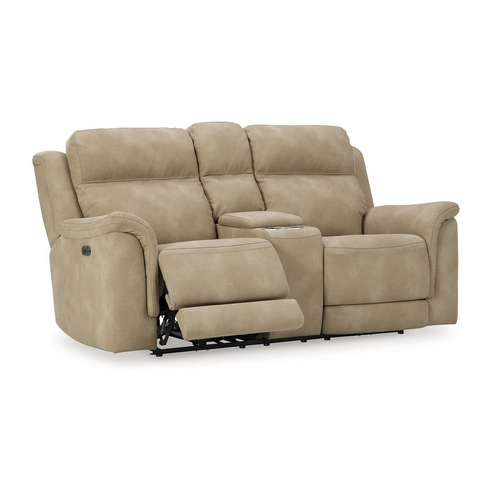 Ashley Corbin Power Recliner Loveseat, Sand Brown Faux Leather, Cupholders