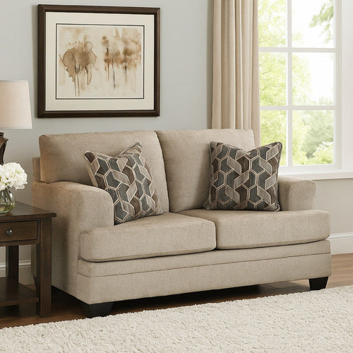 Ashley Ead Loveseat, 2 Accent Pillows, Taupe Brown Polyester, Sag Resistant