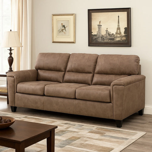 Ashley Nav Sofa, Fossil Brown Faux Leather, Plush Foam Cushions, 89 Inch