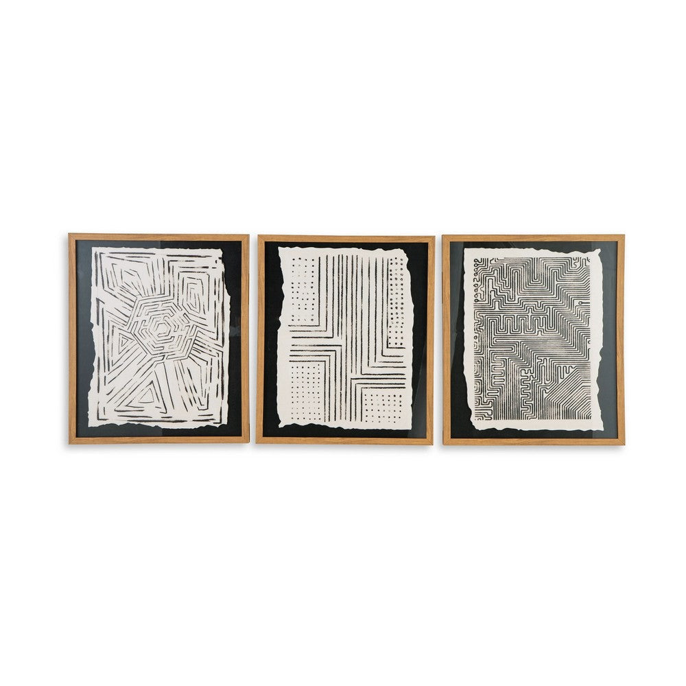 Ashley Salina Wall Art Decor Set of 3, Black Beige Abstract Framed, 20x24