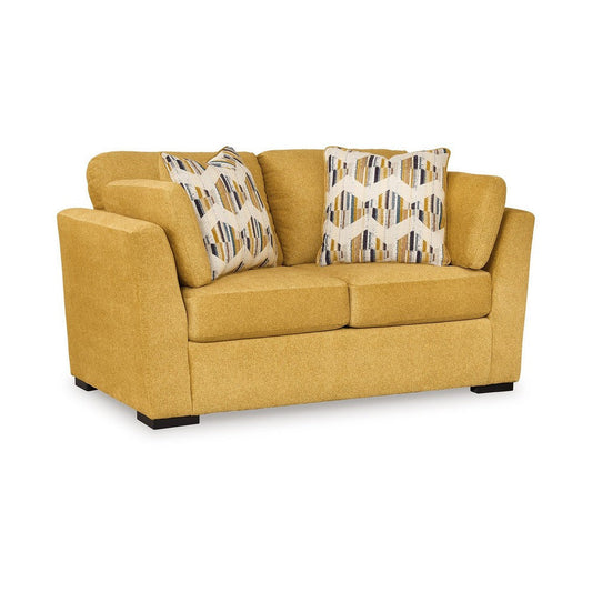 Ashley Viena Loveseat, 2 Accent Throw Pillows, Yellow Faux Velvet 68 Inch