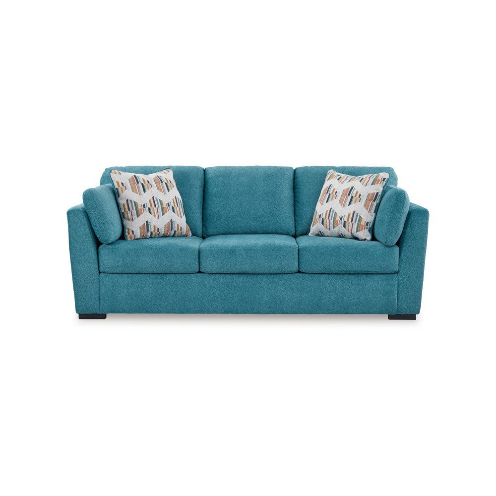 Ashley Viena Sofa with 2 Accent Throw Pillows Teal Blue Faux Velvet 94 Inch BM332343