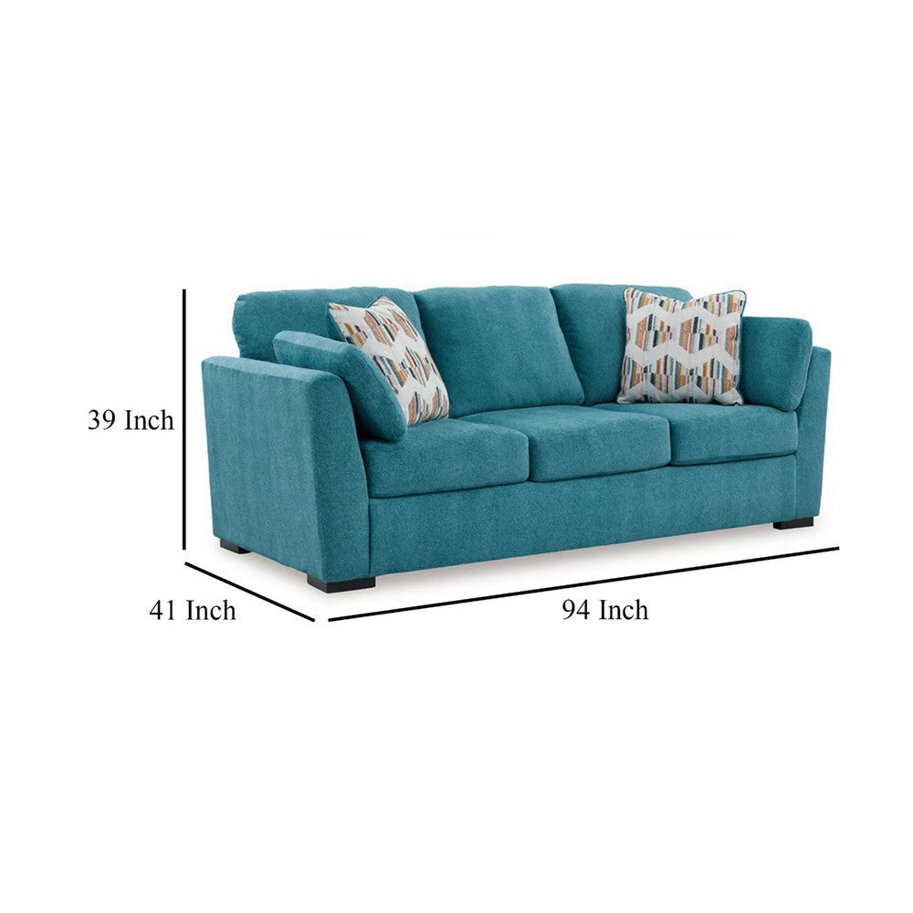 Ashley Viena Sofa with 2 Accent Throw Pillows Teal Blue Faux Velvet 94 Inch BM332343